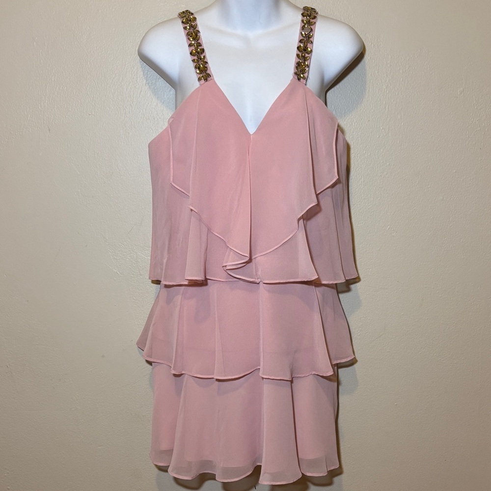 BCBGMaxAzria Pink Layered Mini Dress with Embellished Straps